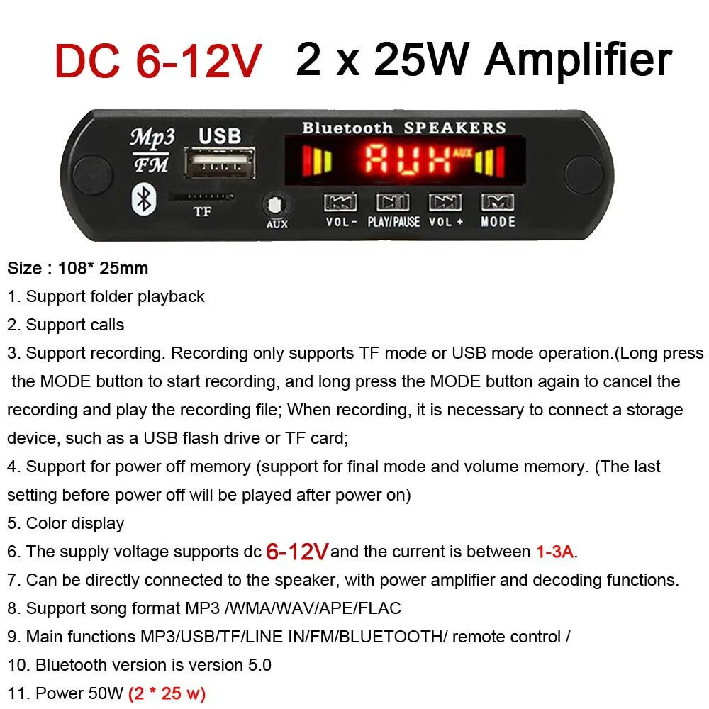 zune mp3 player 2*25W 50W Amplifier MP3 Player Decoder Board Bluetooth 5.0 Car FM Radio Module Support TF USB AUX 3.5 WMA Player Decoder 6V-12V zune mp3 player