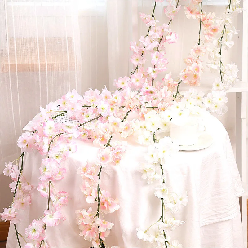1,8 м Шелковые Розовые белые вишни Флорес тростниковая лоза цветы из ротанга искусственные цветы для дома свадебные декоративные аксессуары для вечеринок