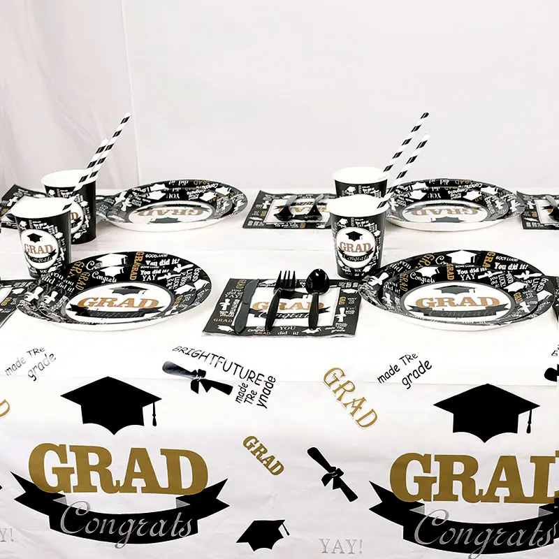 Congratulations Graduation 2021 Disposable Tableware Black Doctor Hat Print Paper Plate Cups Napkins graduation party decoration