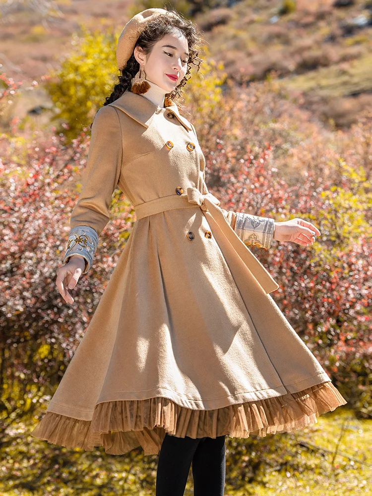 Free Shipping Boshow Long Knee Length Winter Vintage Trench Dresses For Women Outerwear S-L Embroidery Double Breasted Wool Coat
