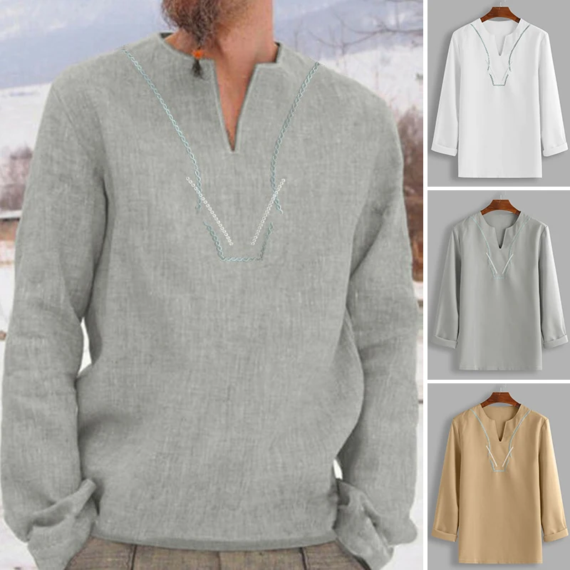 Мужские топы, рубашка, Пляжная, осенняя, с длинным рукавом, Boho, модная, однотонная, повседневная, свободная