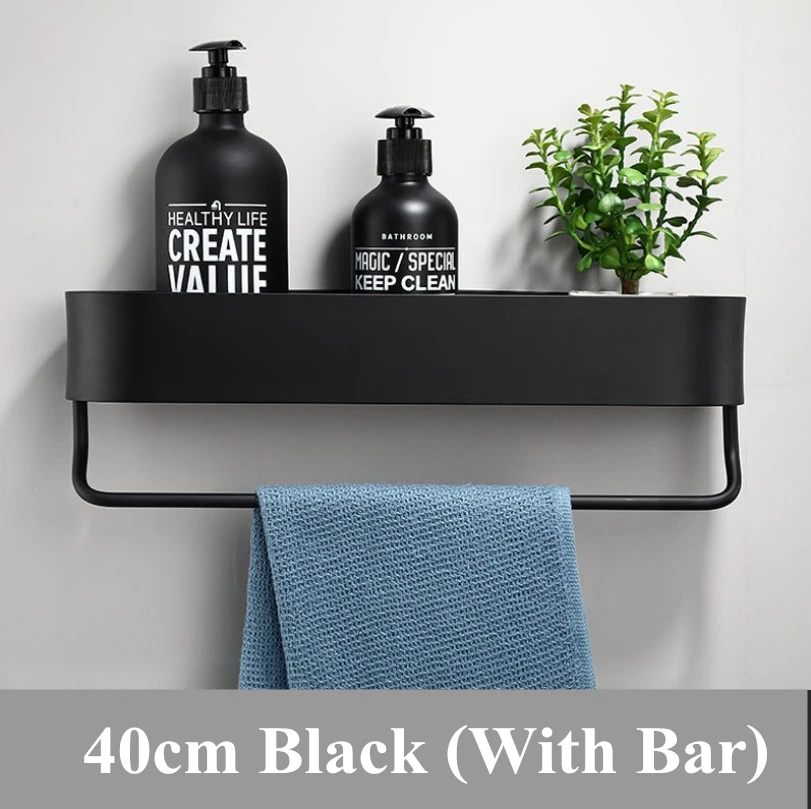 40cm Black With bar Космические Алюминиевые черные полки для ванной комнаты на кухню стену полку для душа стойка для хранения полотенец бар аксессуары для ванной комнаты 30-50 см длина - Цвет: 40cm Black With bar