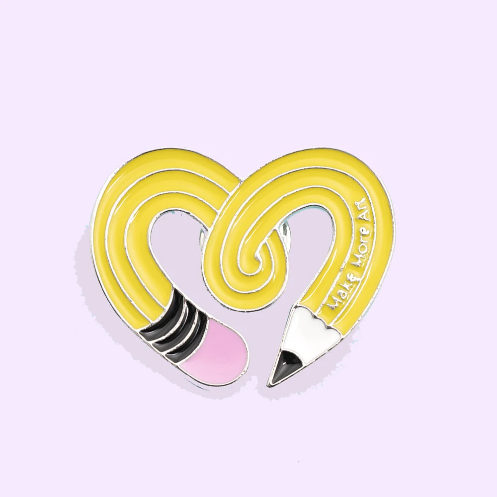 Curved Pencil Enamel Pin Yellow Heart Brooch Bag Clothes Lapel Sasha Away Badge Cartoon Jewelry Gift For Boys And Girls | Украшения и