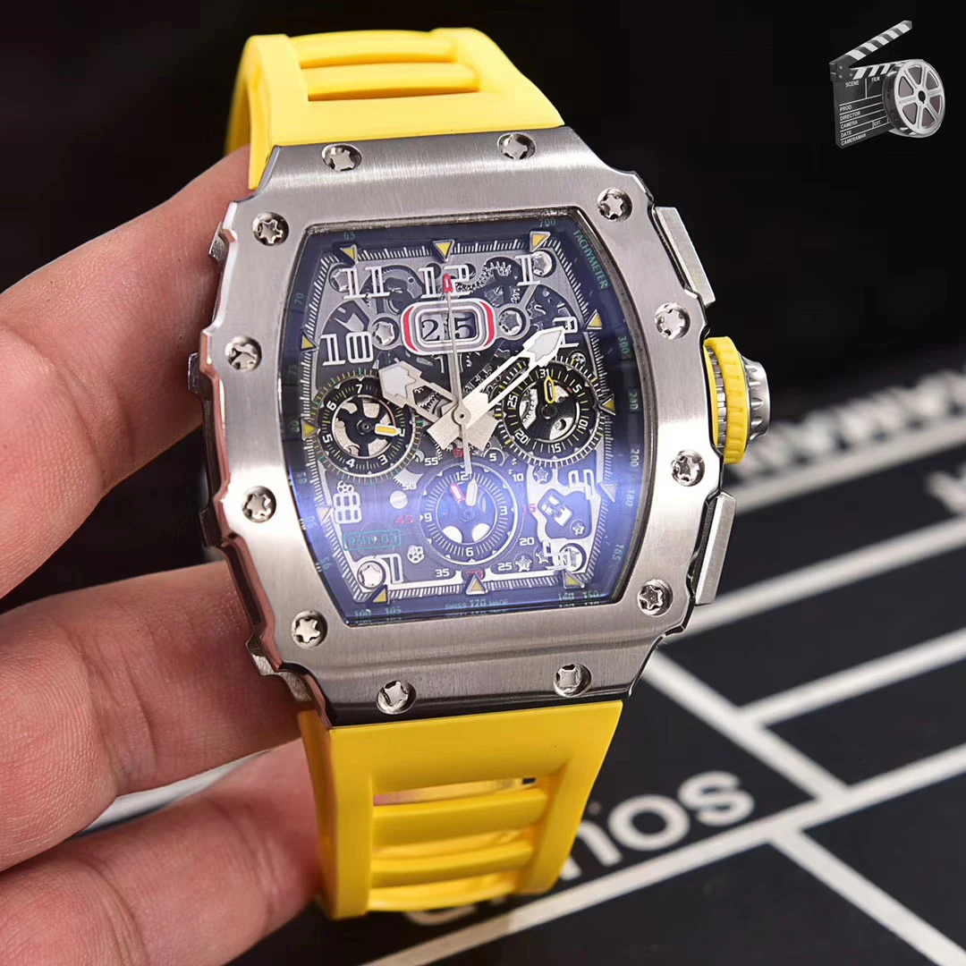 Yellow Роскошные брендовые новые черные красные резиновые мужские часы сапфировые автоматические механические Tourbillion календарь серебристо-серый Скелет Спорт AAA - Цвет: Yellow