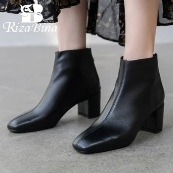 

RIZABINA Ankle Boots For Women Real Leather Zipper Square Toe Thick Heel Solid Color Outdoor Classic Female Footwear Size 33-40