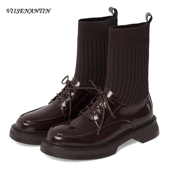 

Women Brown Autumn Winter British Style College Thick-soled Patent Leather Temperament All-match Thin Boots Tube Socks Boots