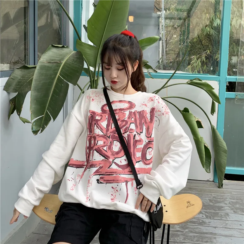 Осень Harajuku bf граффити печати Harajuku большой размер свободный женский колледж письмо Забавный o-образным вырезом с длинным рукавом Ulzzang Толстовка