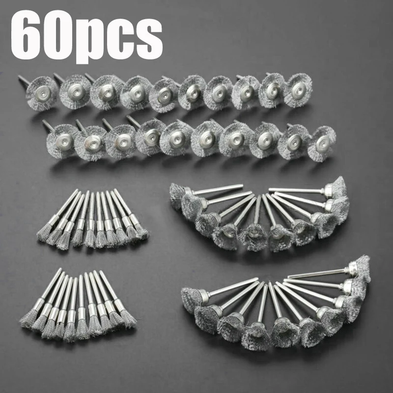 Steel Wire Wheel Brushes 60Pcs 3mm Shank For Metal Rust Removal Polishing Drill Rotary Tool wire brush,drill brush