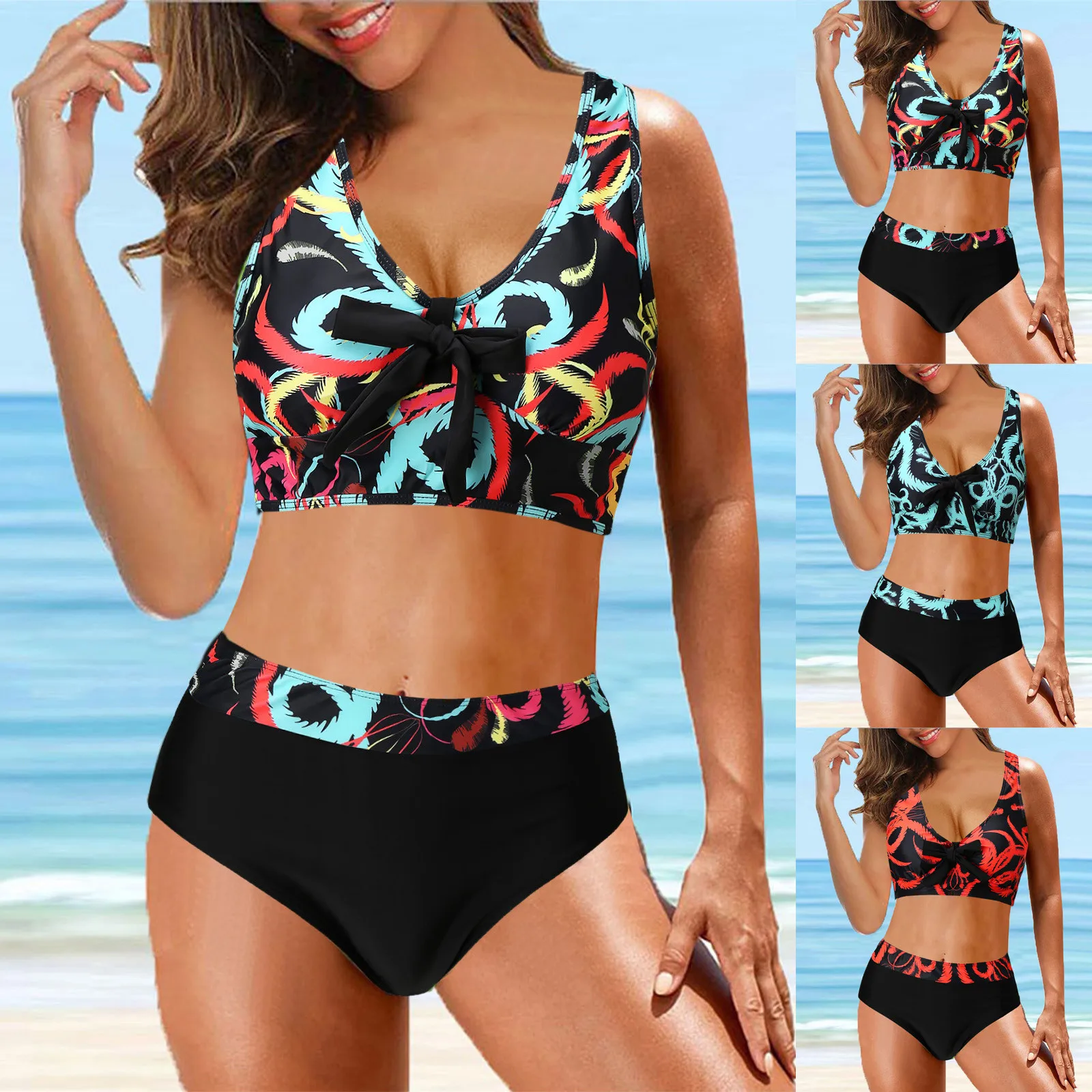 2 Piece Swimsuit Women Athletic Women Vintage Swimsuit Two Piece Retro  Halter Ruched High Waist Print Bikini Set