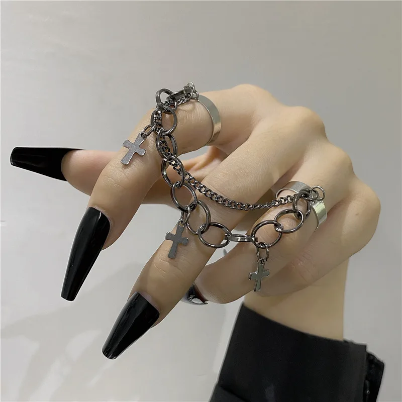 Punk Hip Hop Chain Rings Set Cross For Men Teen Girls Gothic Finger Rings Party Jewelry Open End Adjustable women rings