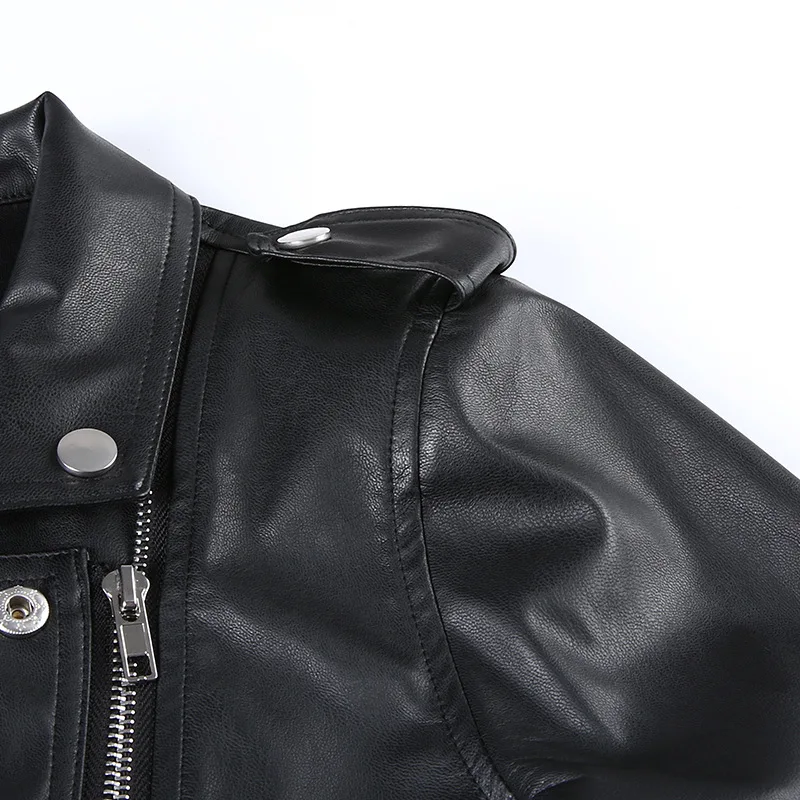 BOOFEENAA/Модная укороченная куртка из искусственной кожи на молнии с лацканами и заклепками женские черные мотоциклетные осенне-зимнее пальто C84-AF49