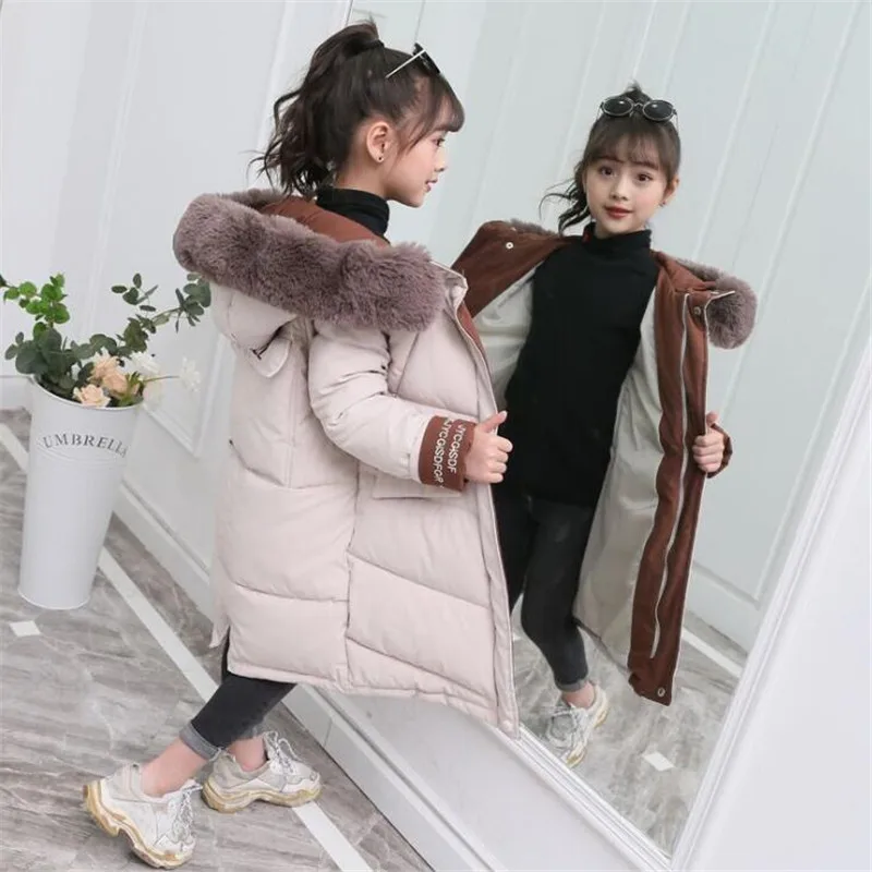 JMFFY Children's Fur Girls Coat Russian Winter Jacket For Teenage Girls Warm Hooded Thick Cotton-Padded Long Korean Kids - Цвет: Beige White