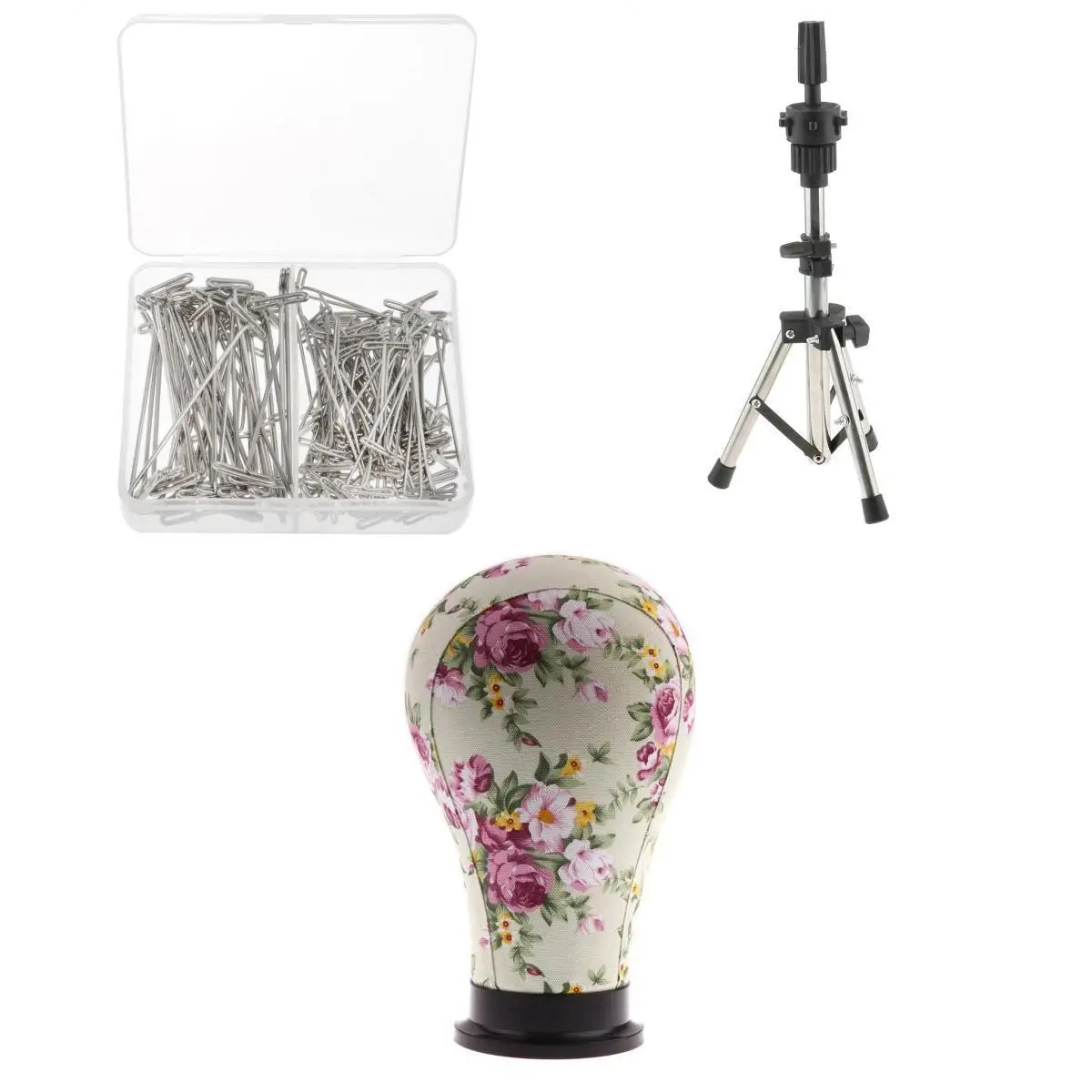 

23' Mannequin Model Cork Canvas Block Head & Tripod Manikin Holder Stand with 150pcs 38mm / 51mm T Pins for Wig Making Sewing