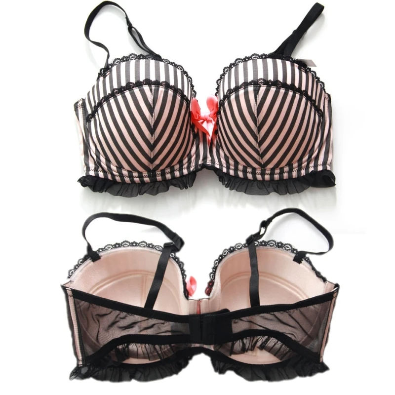 Sexy Women Deep V Full Cup Push Up Bra Striped Underwear