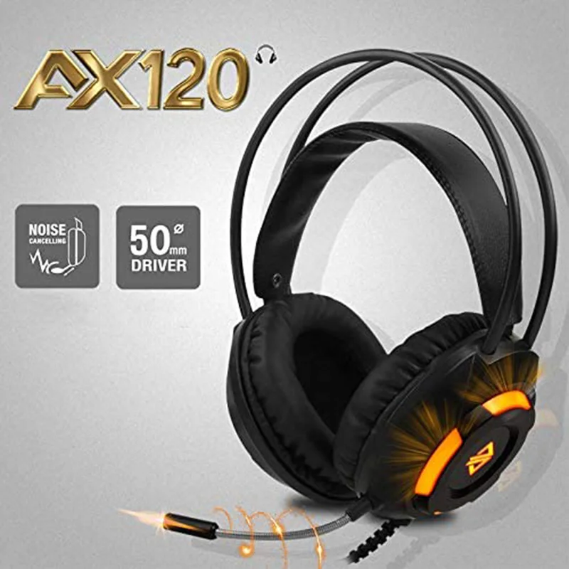 AJAZZ AX120 Stereo Gaming Headset Noise Cancelling over Ear Headphones with Mic Bass Surround Orange LED Light