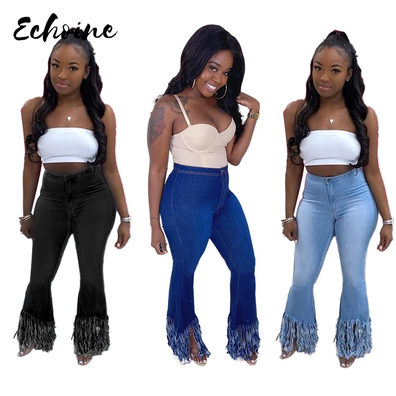 

2020 Women Classic Zipper Fly Washed Tassel Hem Wide Leg Skinny Denim Pants Fashion Streetwear Sexy Jeans Trousers Plus Size 2XL