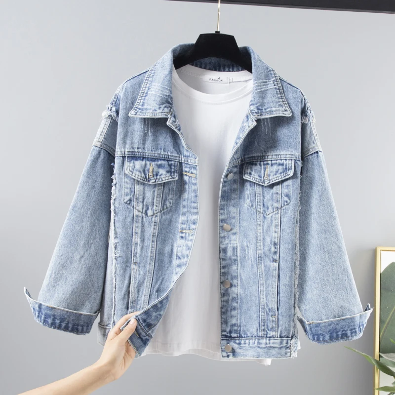 

Vintage Bomber Denim Jacket Women Basic Outerwear Korean style Autumn Big size Loose Ripped Holes Long sleeve Jeans Jacket Coat
