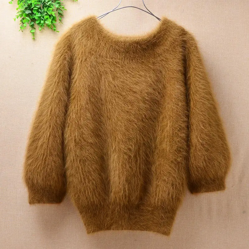 Body60 chest112cm Женская обувь в Корейском стиле с короткими коричневый свитер с плюшевой подкладкой из ангоры из кроличьей шерсти вязаный пояс Закрытая пена с длинным рукавом с О-образным вырезом из соболиного волоса грубой пуловер - Цвет: Body60 chest112cm