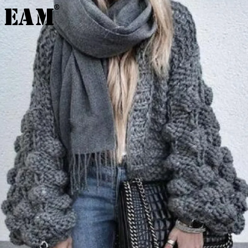 

[EAM]Lantern Sleeve Multicolor Thick Keep Warm Knitting Open Stitch Loose Fit V- Neck Women New Fashion Autumn Winter 2019 OB136