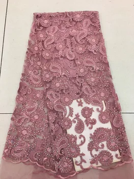 

Latest African Laces Fabrics Embroidered African tulle French Lace Fabric With stones 2019 African French Net Lace RF25791 Pink