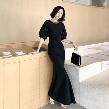 

Elegant Mermaid Evening Party Dress Lady Sexy Slim Oversize 3XL Qipao Black Puff Sleeve O-neck Cheongsam Vestidos