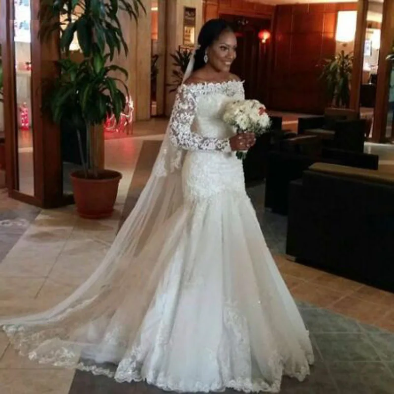 

Vintage Appliques Off-shoulder Mermaid Wedding Dresses Simple Full Sleeve Strapless Neck Tulle Bridal Gown vestido de noiva