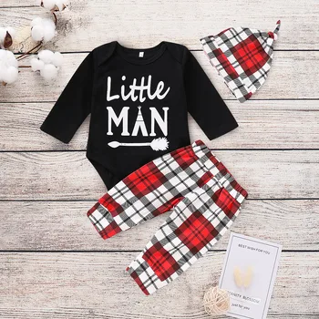 

Baby Boy 3pcs Clothes Jumpsuit Romper Long Plaid Pants Hat Set Toddler Kid Warm Autumn Playsuit Outfit Clothing Set