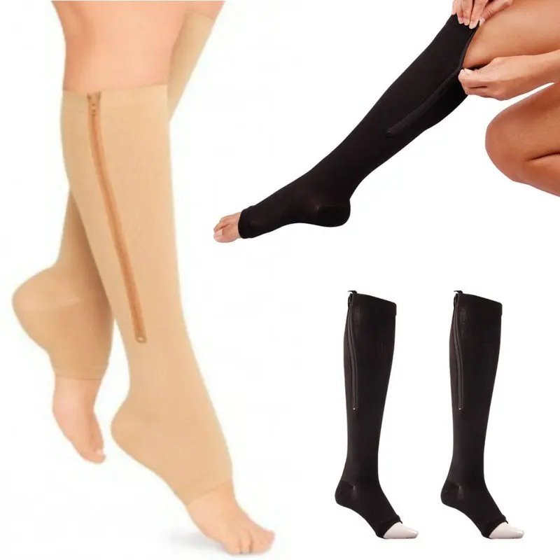 Женские Мужские компрессионные чулки на молнии, поддерживающий ногу колено, Sox, с открытым носком, S/M/L/XL