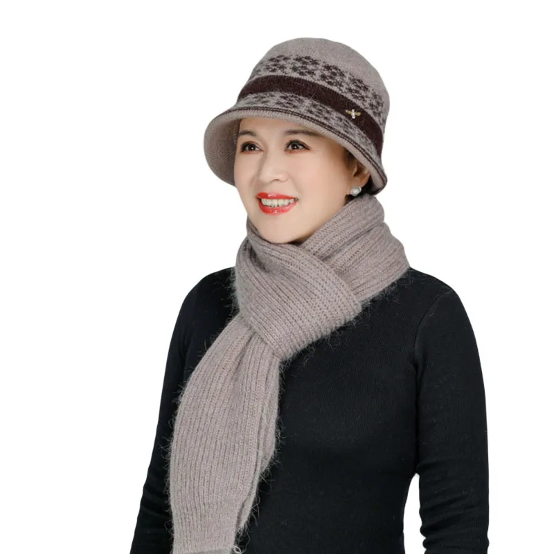 

2020 Rabbit Hair Knitted Wool Hat Women Middle-aged Elderly Winter Grandma Cap Mother Warm Soft Fashion Casual Pure Color Scarf