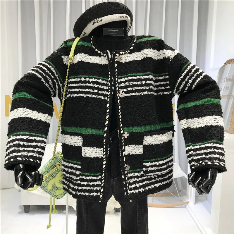 Полосатые женские пальто и куртки с широкой талией Abrigos Mujer Invierno, флисовая женская куртка с круглым вырезом и пуговицами