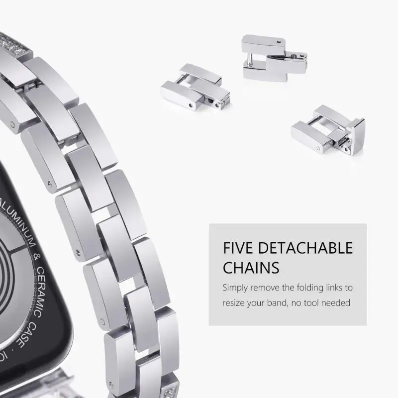 Для женщин алмаз ремешок для наручных часов для Apple Watch 38 мм, 42 мм, 40 мм 44 наручных часов IWatch серии 5/4/3/2 Нержавеющая сталь браслет ремешок для часов из нержавеющей стали