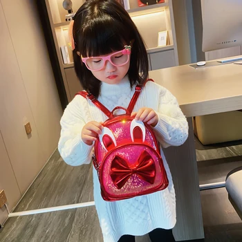 

Fashion Bowknot Rabbit Ear Design Travel Backpacks Kid Girls Creative Cute Shoulders Bag PU Leather Sequins Knapsacks