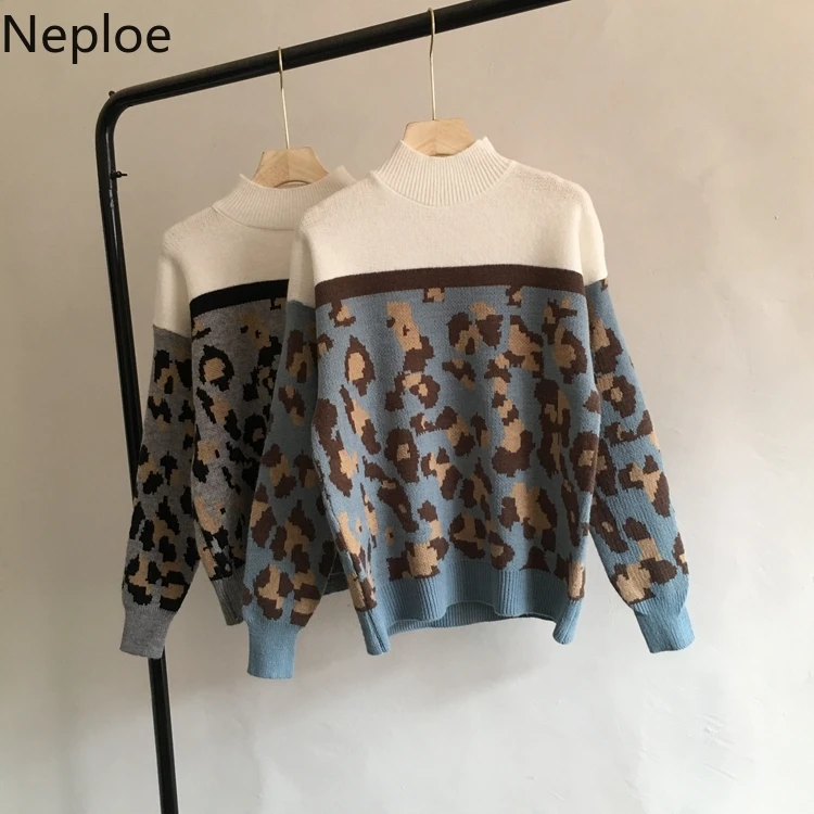 

Neploe Japanese Sweet Pullover Knitwear Leopard Contrast Color Sweater Long Sleeve Half Turtleneck Winter Thick Knit Pull 56333