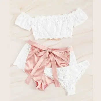 

3PCS Women Lingerie Silk Satin Lace Pajama Sets Fresh Female Shorts Lace Top Thong G-string Sets Pyjamas Babydoll Sleepwear 2019