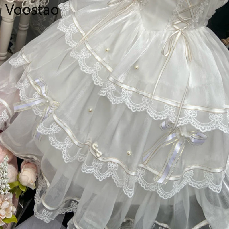Sweet Lolita Princess Dress Women Cute White Bowknot Lace Ruffles Flowers Wedding Dresses Girly Kawaii Tulle Party Fairy Dress Lolita Dress Lolita Suspender Dress Lolita Cosplay Costumes Suspender Dress