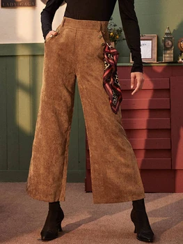 

New Autumn Winter Fashion Women Casual High Waist Corduroy Pants Solid Loose Wide Leg Long Pants