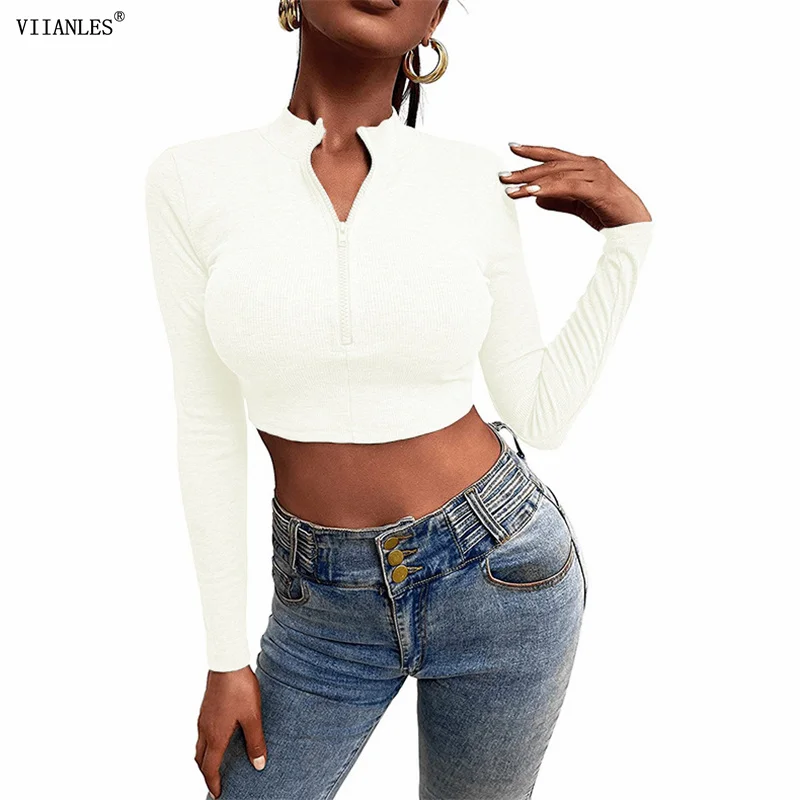 

VIIANLES Zipper Clubwear New Slim Fashion Women Long Sleeve Tshirt Sexy Tees Gray Pink Black Spring Female Clothes Short Tops