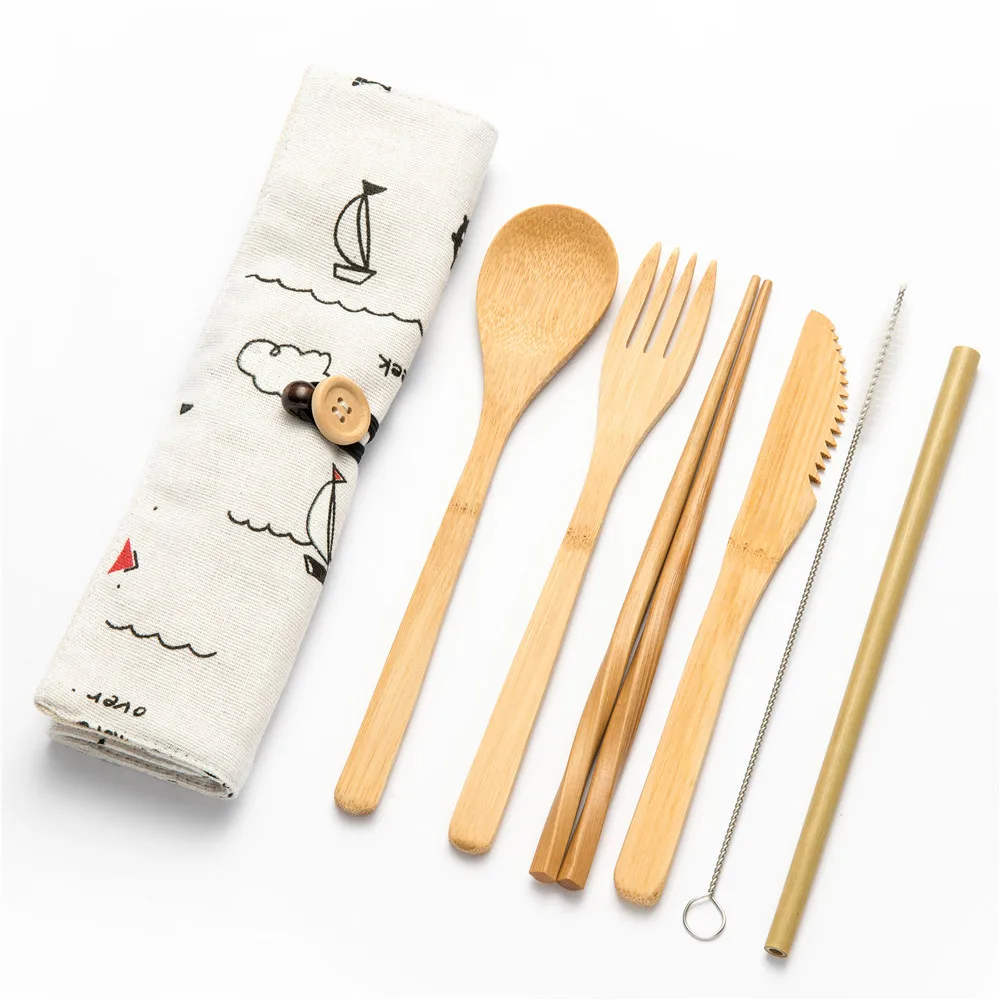 Eco-friendly Travel Reusable Portable Bamboo Cutlery Set Spoon Fork Chopstick Sets 6pcs/set Straw Kitchen Food Dinnerware Set - Цвет: 7pcs set005