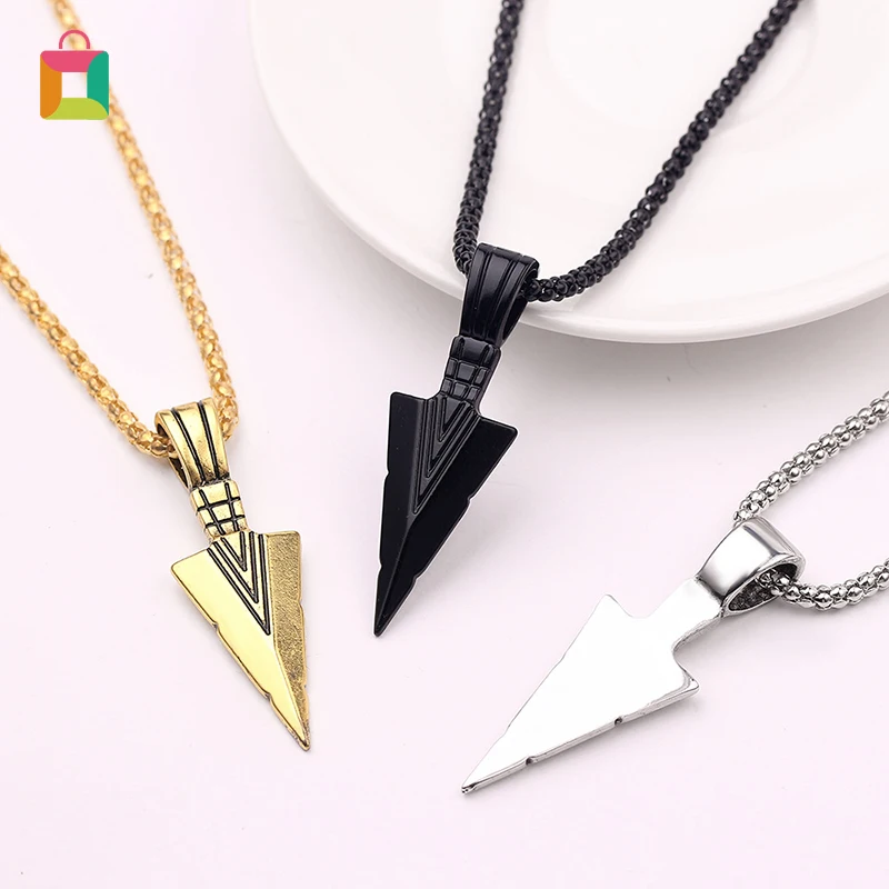 

Frosted black long necklace arrow pendant necklace punk personality triangle spearhead chain gift Glittery