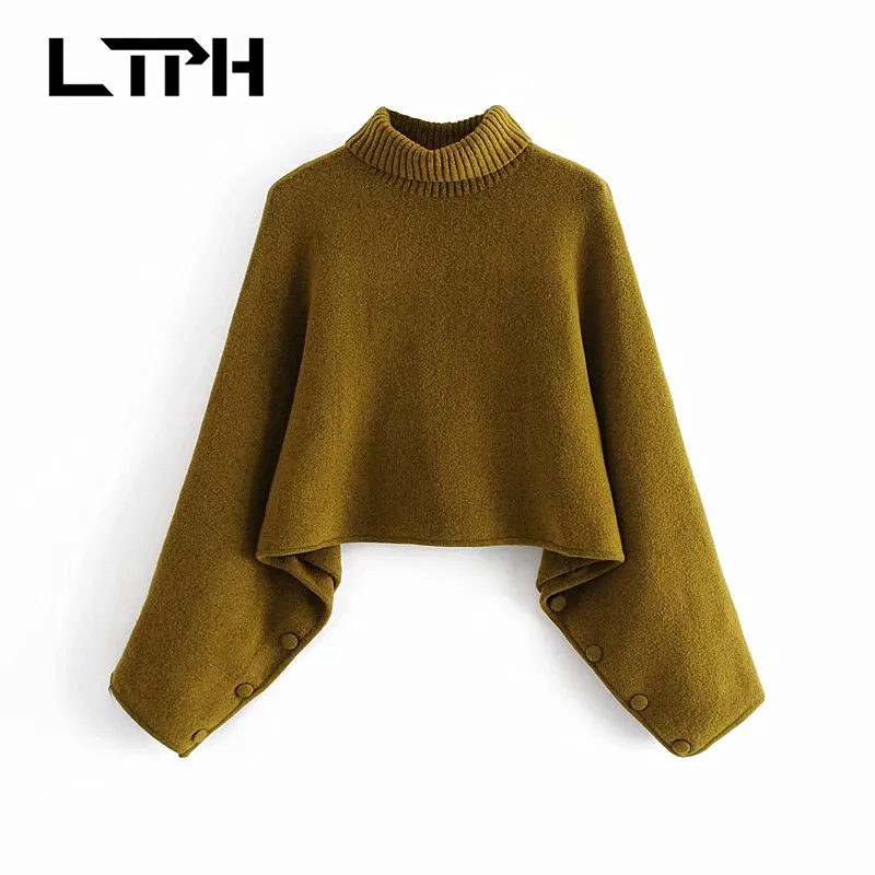 

LTPH Fashion Korean Loose Pullover Knitted women sweaters Long Sleeve Button Turtleneck Soft Warm Sweater 2020 Autumn Winter New