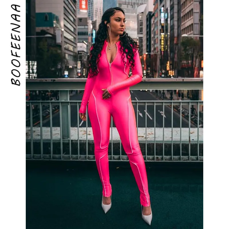 

BOOFEENAA Reflective Striped Zip Long Sleeve Bodycon Jumpsuit Street Wear Sexy Fall Outfits Club Wear Neon Pink Romper C87-AF99