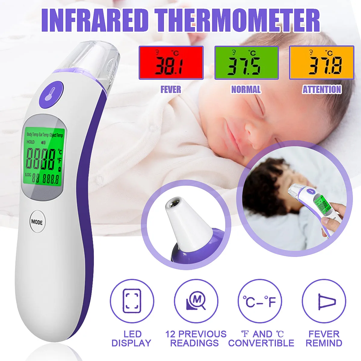 

Digital Infrared Thermometer Non-Contact Temperature Meter Handheld Forehead Ear Pyrometer IR Laser Point Gun For Baby Adult