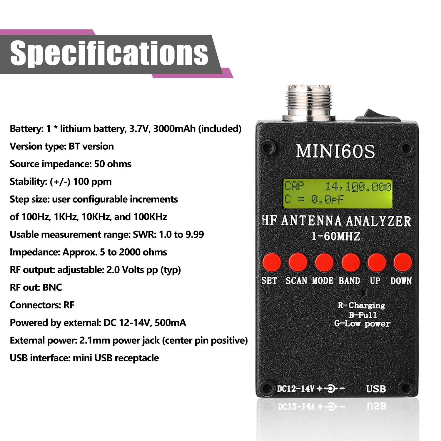 Анализатор антенны Mini60S 1 60 МГц анализатор HF ANT SWR с приложением на базе Android