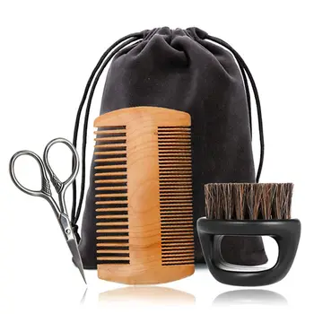 

3Pcs Wooden Beard Comb and Natural Bristles Brush with Scissors Set for Men Care