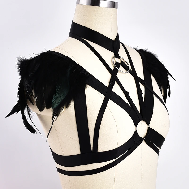 Pastel Goth Wedding Wings Feather Bra Sexy Body Harness  Epaulettes Feather Dress Fetish Festival Rave Wear Crop Top Body Cage