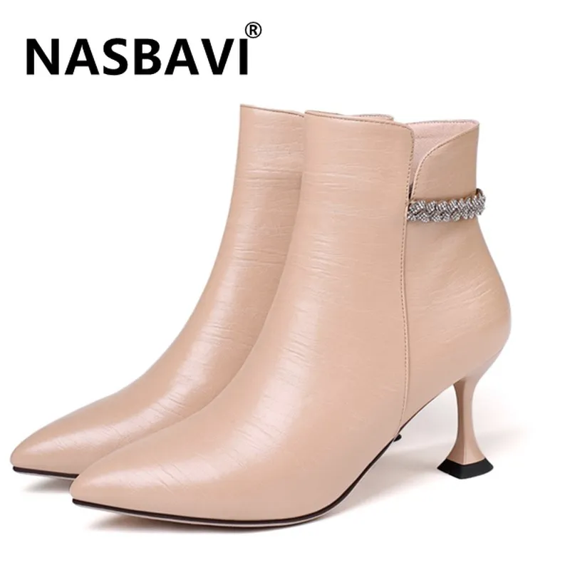 

New Ankle Boots Women shoes pointed Toe Boot High Heels boot pu leather ladies ZIP winter booties Rhinestone Zapatos De Mujer