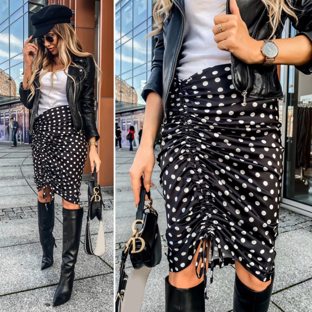 

Black-White Polka Dot Women Skirt Ruffle Bodycon Street Style Asymmetrical Knee Length Lady Skirt Casual Midi Skirt Female D30