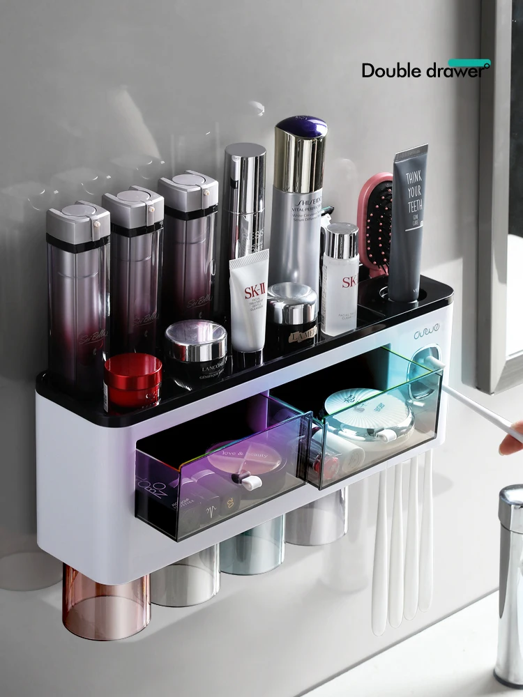 Toothbrush Holder Wall-Mounted Bathroom Accessories Punch-Free Storage Box Toothpaste Squeezer For Bathroom with cups 2 colors