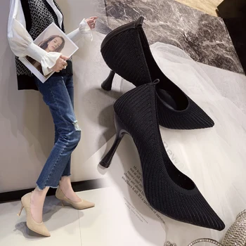 

2020 new Korean wild black shallow mouth pointed high heels fashion casual knitted breathable comfortable women's work shoes