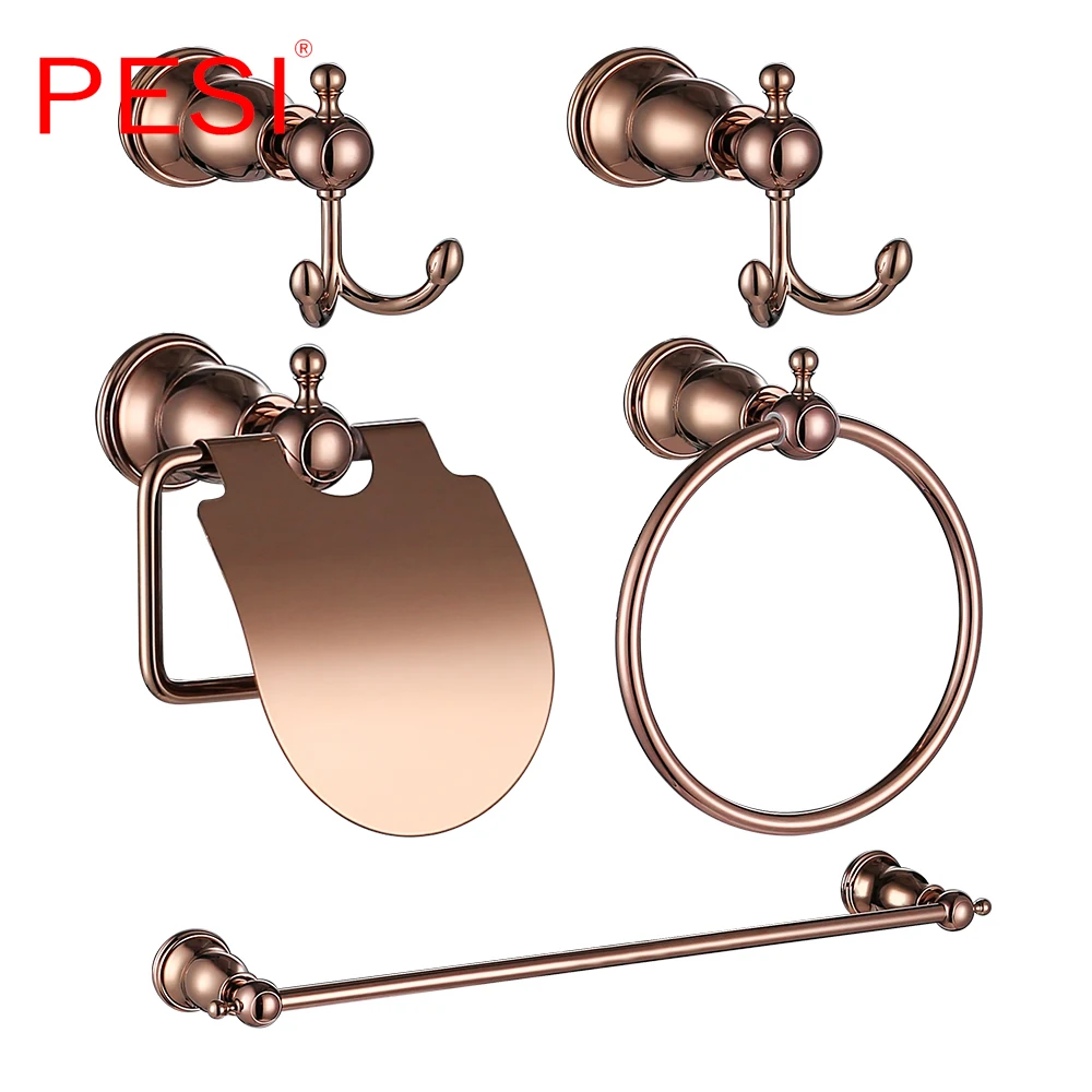 

Bathroom Accessories Hardware Set Robe Coat Hook Towel Rail Rack Bar Shelf Toilet Paper Tissue Toothbrush Holder, Rose Gold.